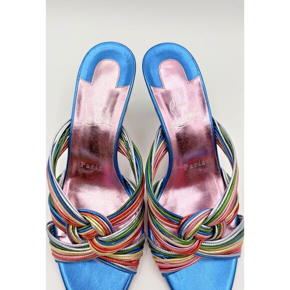 Christian Louboutin Blue & Pink Mettalic Mules Multitaski 70mm Sandals Sz 37 - Picture 9 of 13